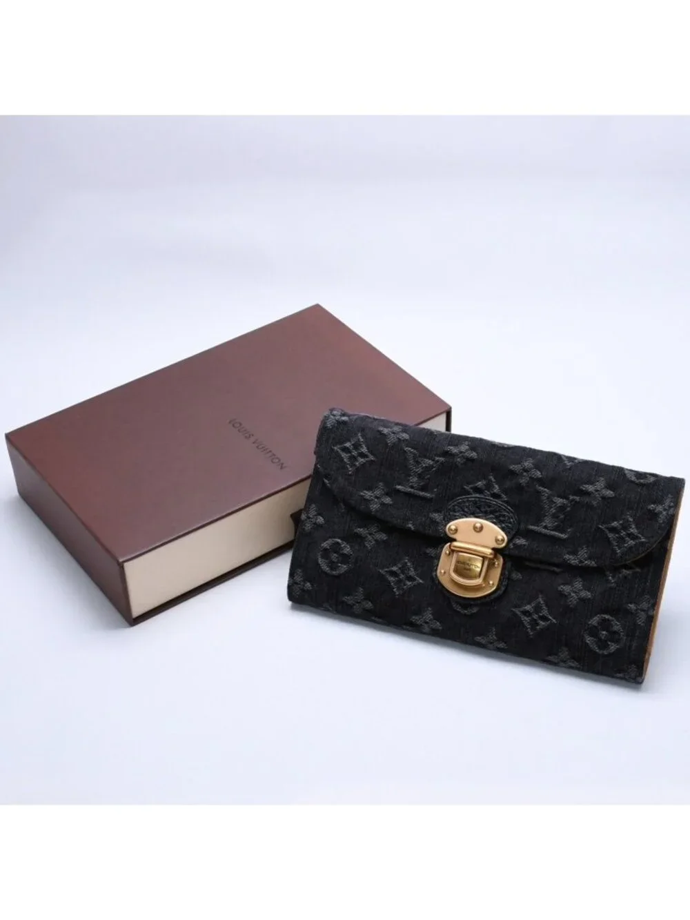 Louis Vuitton Monogram Denim Portefeuille Amelia Trifold Wallet Black Yellow